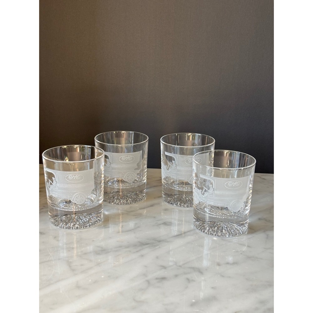 Vintage GMC Etched Truck Whiskey Rocks Glasses Set of 4 Sunburst Base Clear